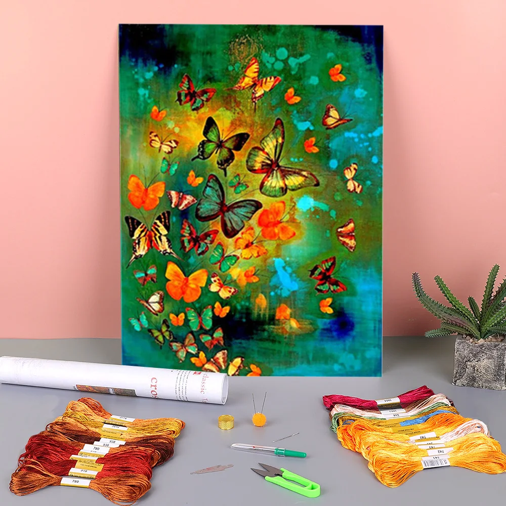 Animal Butterfly Flower Printed Water-Soluble Canvas 11CT Cross Stitch Set Embroidery DMC Threads Craft Handmade Package | Дом и сад