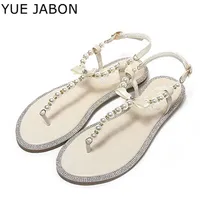 Perle sandales femmes dames été bohême plage sandale chaîne perle décontracté boucle sangle chaussures plates bout ouvert chaussures femme tongs 6