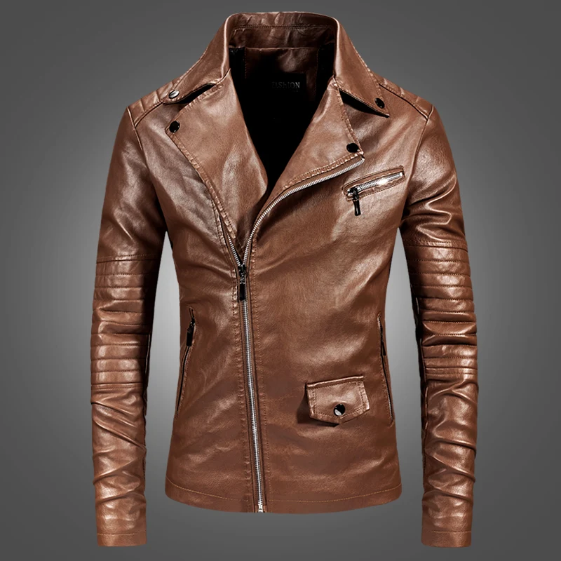 

Autumn Men's Fashion Motorcycle Leather Jacket Slim Coat Casual Diagonal Zip Black