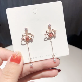 

MENGJIQIAO New Elegant Geometric Heart Crystal Long Drop Earrings For Women Cute Delicate Zircon Party Pendientes Jewelry Gifts