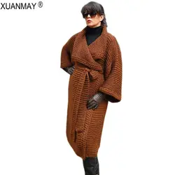 Толстый длинный свитер кардигана зимы женщин пальто Свободный длинный свитер стиля Платок Уютный теплый белый толстый дополнительный