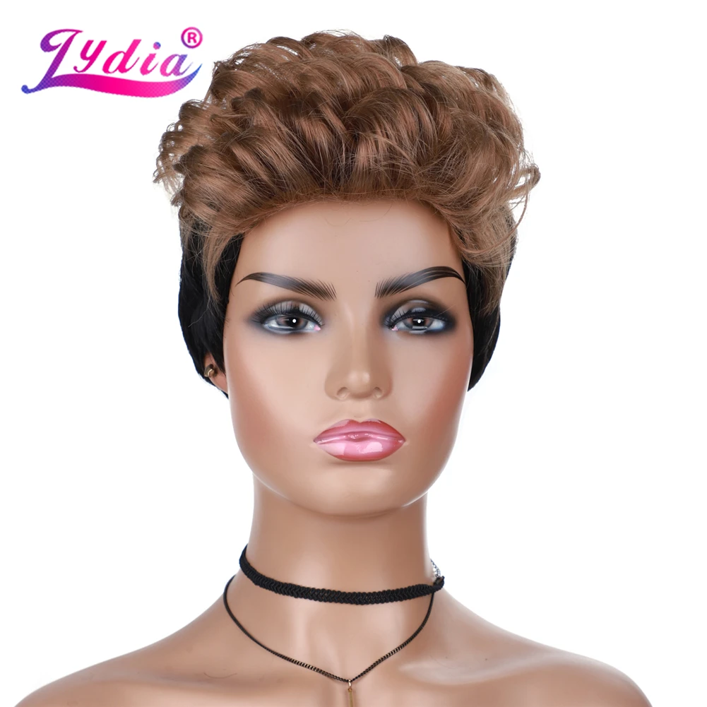 Lydia Synthetic Wigs Mixed Color T1B/27 Short Wave For African American Wig Kanekalon Heat Resistant Hair 4Inch Blonde lydia synthetic curly natural   kanekalon short wig for african american russian women heat resistant wigs heat resistant