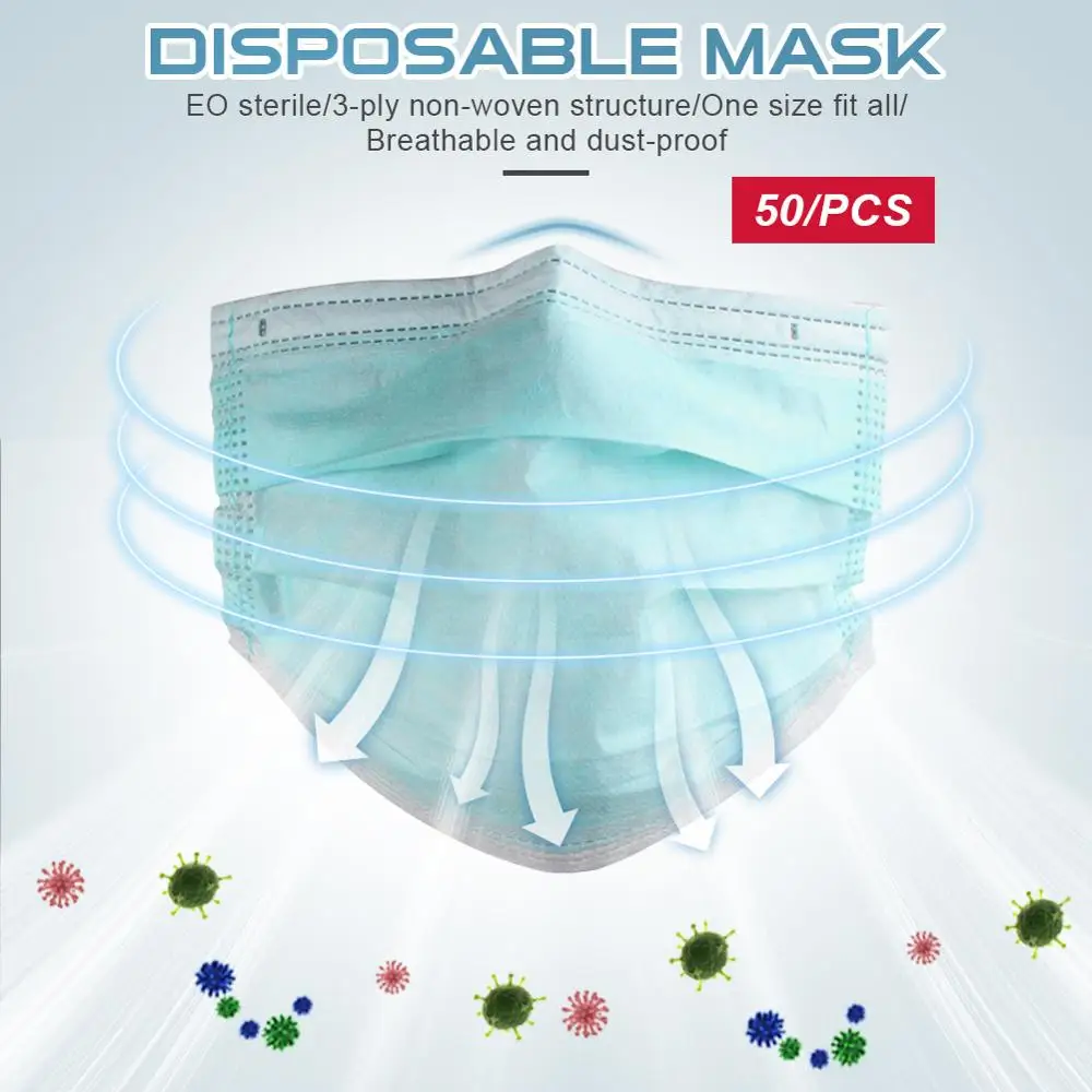 

50Pcs Anti-Pollution 3 Laye Mask dust protection Masks Disposable Face Masks Elastic Ear Loop Disposable Dust Filter Safety Mask