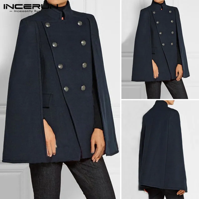 Mens Stand Collar Solid Color Coats Double Breasted Cloak Cape Incerun