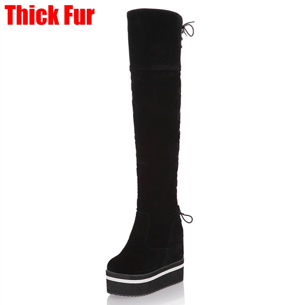 DORATASIA/размеры 34-47, модные сапоги выше колена на высокой платформе женские сапоги до бедра на шнуровке г. Женская обувь на скрытом каблуке - Цвет: black thick fur