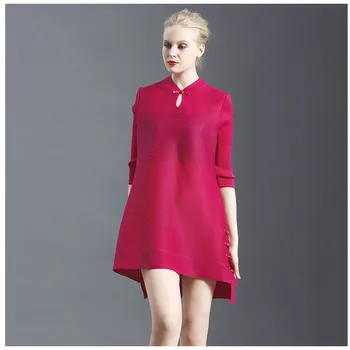 

Plus Size Dress Women Spring Autumn Stand Collar Half Sleeves Solid Color Chinese Style Miyake Pleated Dress Above The Knees