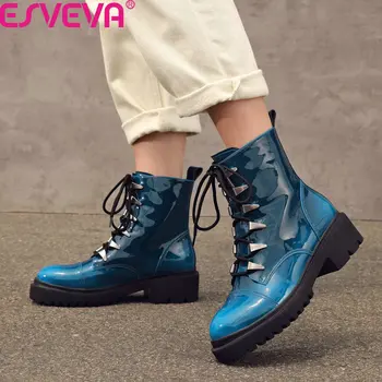 

ESVEVA 2020 Quality PU Leather Middle Heel Lace Up Women Shoes Autumn Winter Round Toe Fashion Platform Mid-Calf Boots Size34-40