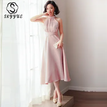 

Skyyue Solid Color A-Line Evening Dress FR349 Tea-Length Formal Party Gowns Pink A-Line Vestidos De Fiesta Halter Women Dresses