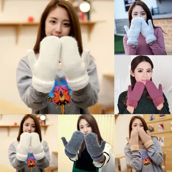 

Lovely Female Winter Knit Wool Thicker Cashmere Velvet Warm Black Gloves Ladies Cute Fingerless Women Solid Mittens Guantes