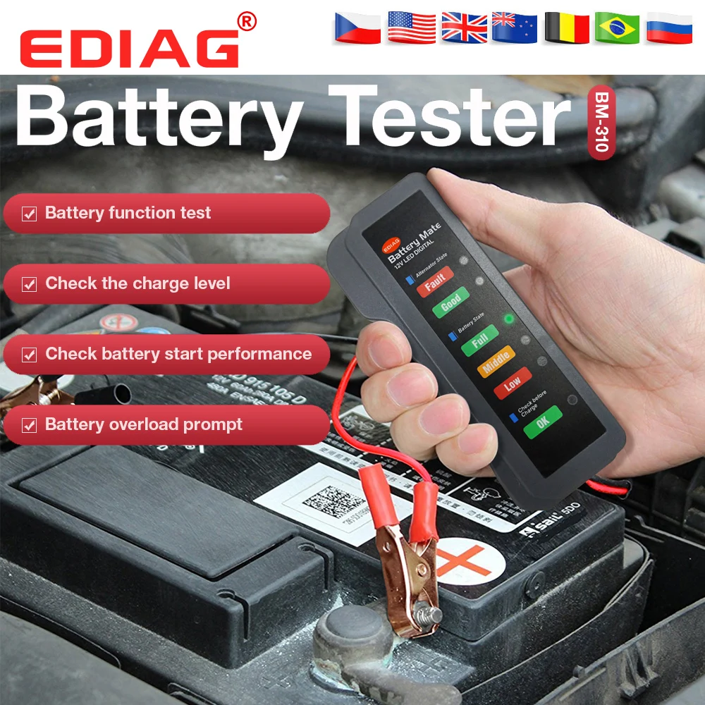 EDIAG BM310 тест на автомобильную батарею er & тормозную жидкость 12V 24V Цифровой 6 /7LED