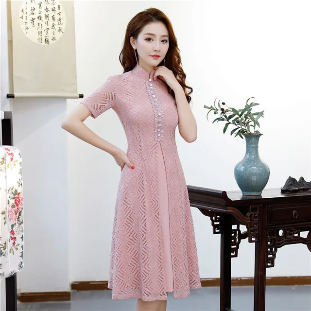 Короткое стильное Черное женское Мини Cheongsam летнее китайское кружевное тонкое элегантное платье Qipao Новое поступление Vestidos Размер M L XL XXL XXXL - Цвет: pink