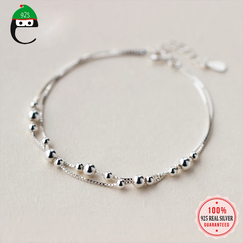 

ElfoPlataSi Genuine 925 Sterling Silver Double Layer Small Beads 16cm Bracelet For Women Girl Lady Silver 925 Jewelry Gift ED404