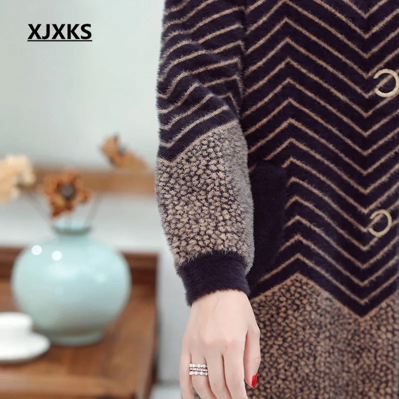 XJXKS модное зимнее женское Шерстяное Пальто с отворотом Новое теплое удобное свободное женское длинное пальто размера плюс в полоску