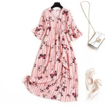 

Butterfly Print Silk Dress Flare Sleeve Ruffles Animal A-Line Bohemian Vestidos Etnicos Casual dresses for adult women