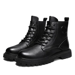 Martin Boots Hand-Stitched Fleece Winter Warm Outdoor Wear Large High Top Boots Men Waterproof Leather Boots