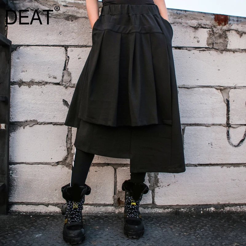 

[DEAT] 2019 New Autumn Winter High Elastic Waist Black Double Layers Irregular Cake Half-body Skirt Women Fashion Tide JR547