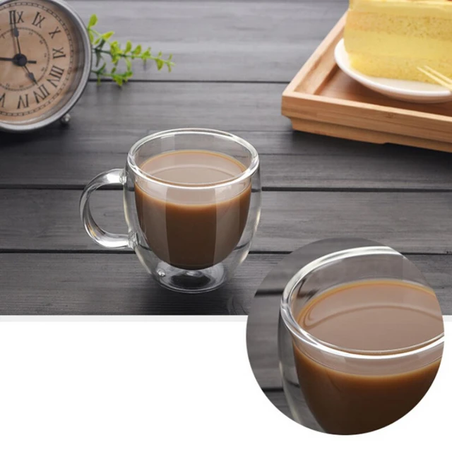 1pc 150ml Flat Shape Double Wall Insulated Glass Coffee Cup With Handle,  Cute Garden Design Heat Resistant For Home And Office Gift