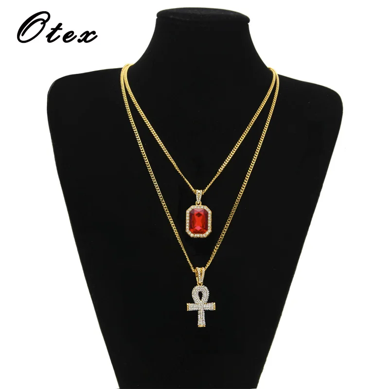

Iced Zircon Rhine stone Cross Necklace Set Gold Silver Copper Material Bling CZ Key To Life Egypt Cross Necklace Hip Hop Jewelry