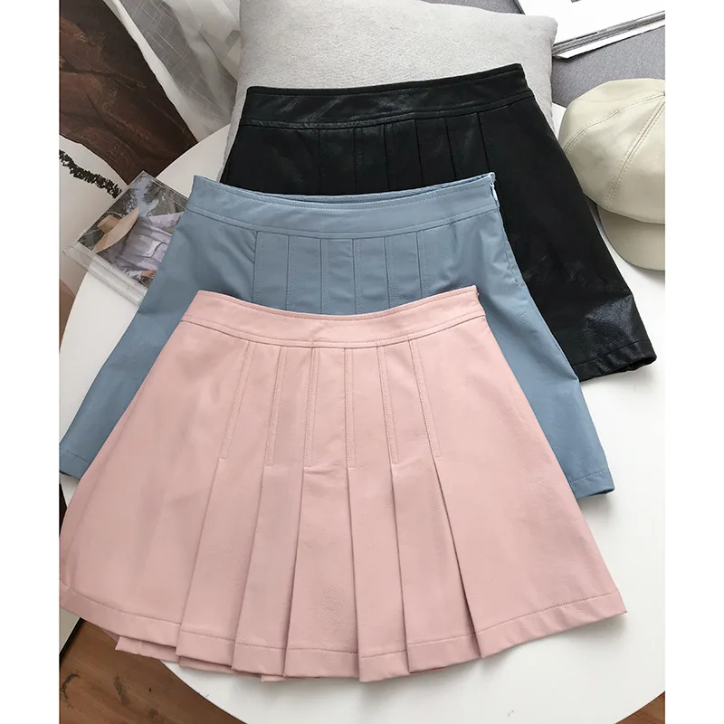 

College Style Pleated Short Skirt Solid Color Pu Skirt Fashion New Style Casual Western Style 2.18