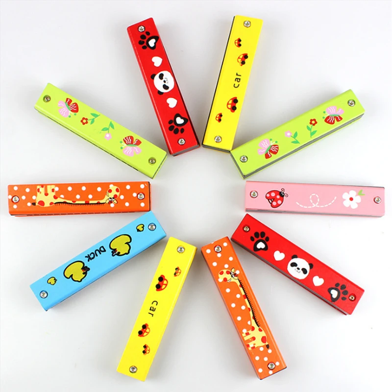 1PC double row can play children wooden painted harmonica enlightenment early education toy musical instrument