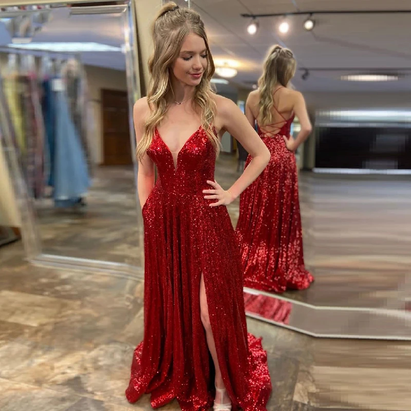 de fiesta largo rojo brillante con escote triangular y lentejuelas, traje Sexy para mujer, a medida, 2020|Vestidos de noche| - AliExpress