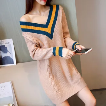 

Women V-neck Knit Pullover Long-sleeved Stitching Long Sweater 2019 Autumn Loose 4 Color Fashion Breathable Pullover Female