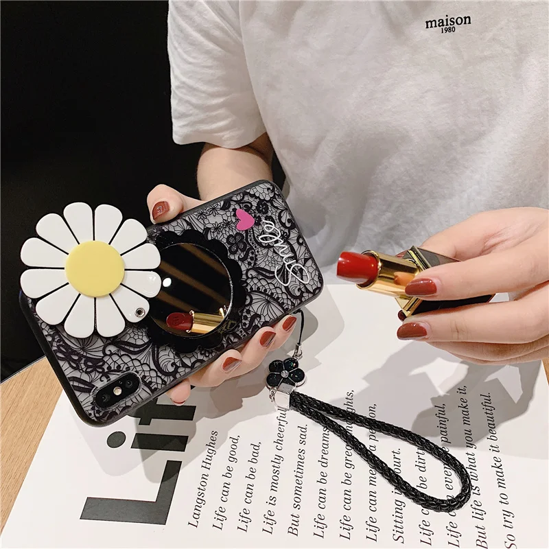 Lace Flower Makeup Mirror Phone Case For Samsung Galaxy S8 S9 S10 Lite S7 S6 Edge Plus C5 C7 C9 Note 8 9 With Lanyard Back Cover