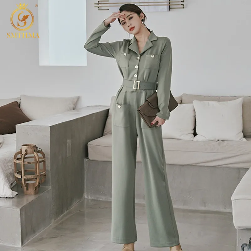 

SMTHMA Elegant Business Long Sleeve Jumpsuits Women New Wide Leg Long Playsuits Casual Office Lady Work Wear Rompers