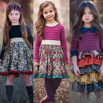 

2020 INS Girls Spring and Autum Dress Kids Flower Pastoral Style Striped Long-sleeved Dresses England Cute Princess for Children