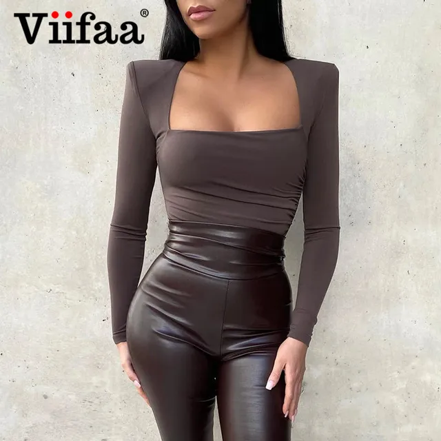 Viifaa Square Neck Long Sleeve Winter Skinny Bodysuit with Shoulder Pad Women Elegant Bodys Ruched Slim Fitted Bodysuits 1