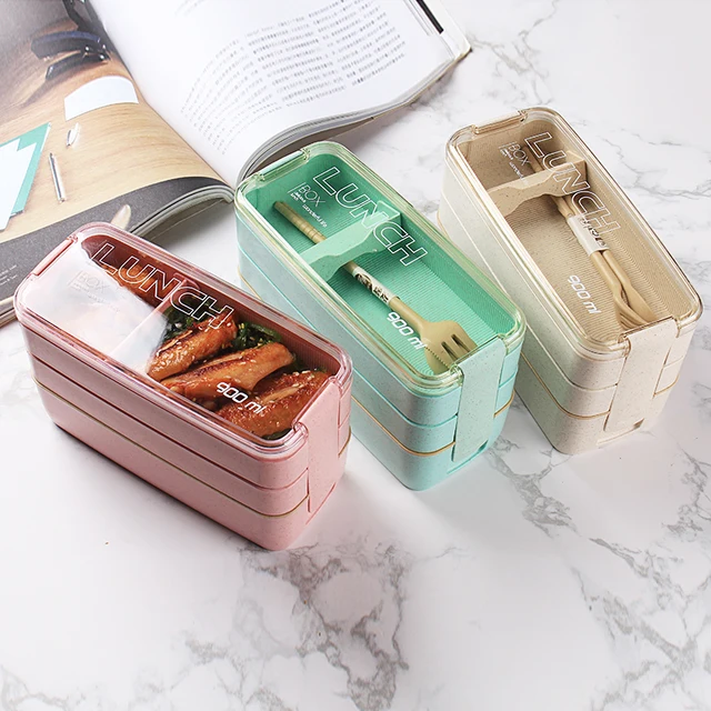 900ml Healthy Material Lunch Box 3 Layer Wheat Straw Bento Boxes Microwave Dinnerware Food Storage Container Lunchbox 2