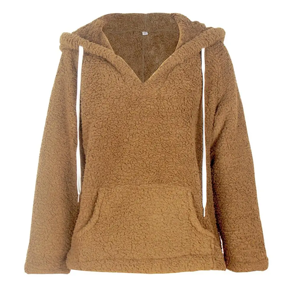 Khaki Модные женские толстовки зимняя флисовая женская одежда уличная однотонная гольф с длинными рукавами карманные повседневные хлопковые топы - Цвет: Khaki