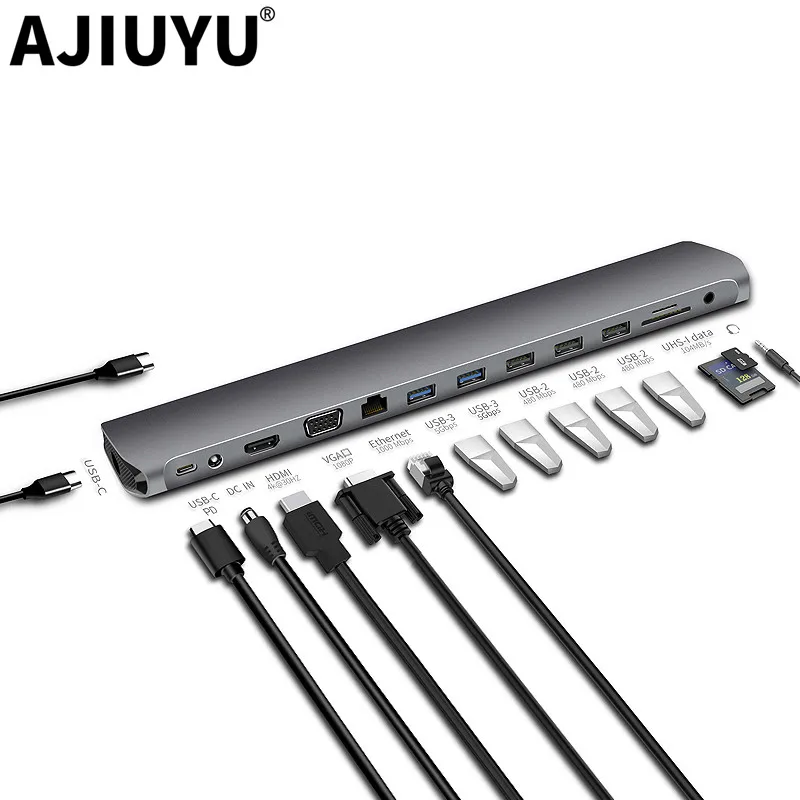  AJIUYU USB C Type C Hub to USB 3.0 HDMI RJ45 VGA For MacBook Pro Air Accessories Dock Splitter Mult