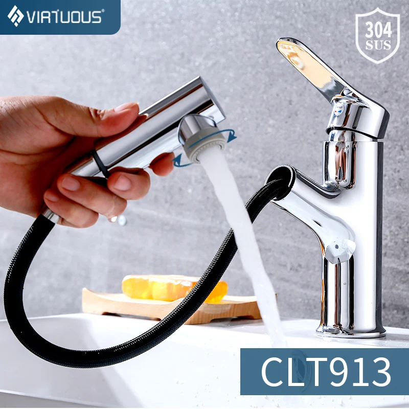 

VIRTUOUS CLT-913 Water-tap Bathroom Basin Sink Faucet Pull Out 2 Mode Mixer Tap Cold &Hot Bathtub Faucet