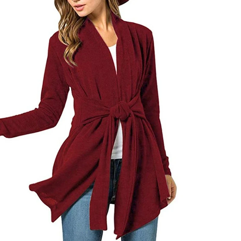 

Women's Cardigans Solid Color Knitted Cardigan Female Sweaters Coat Long Sleeves Tie Decoration Warm Casual Long Sweaters