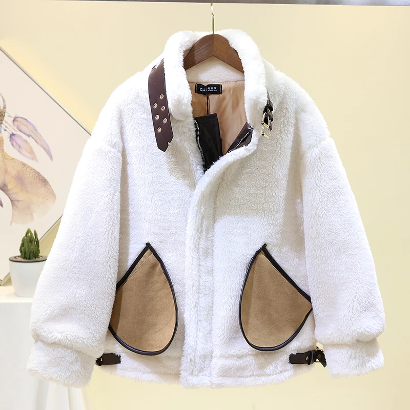 

Korean Fashion Winter Thick Warm Double Faced Fur Jacket Women Splicing Pocket Loose Short Faux Lamb Fur Coat Female Outerwear