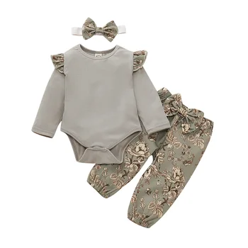 

2020 Kid Baby Girls Clothes Sets Solid Long Sleeve Romper Tops Gray Long Print Pants Kid Girl Outfits