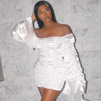 

2020 Spring New Fashion White Women's Dress Sexy Long Puff Sleeve Draped Bodycon Mini Dress Club Celebrity Party Vestidos