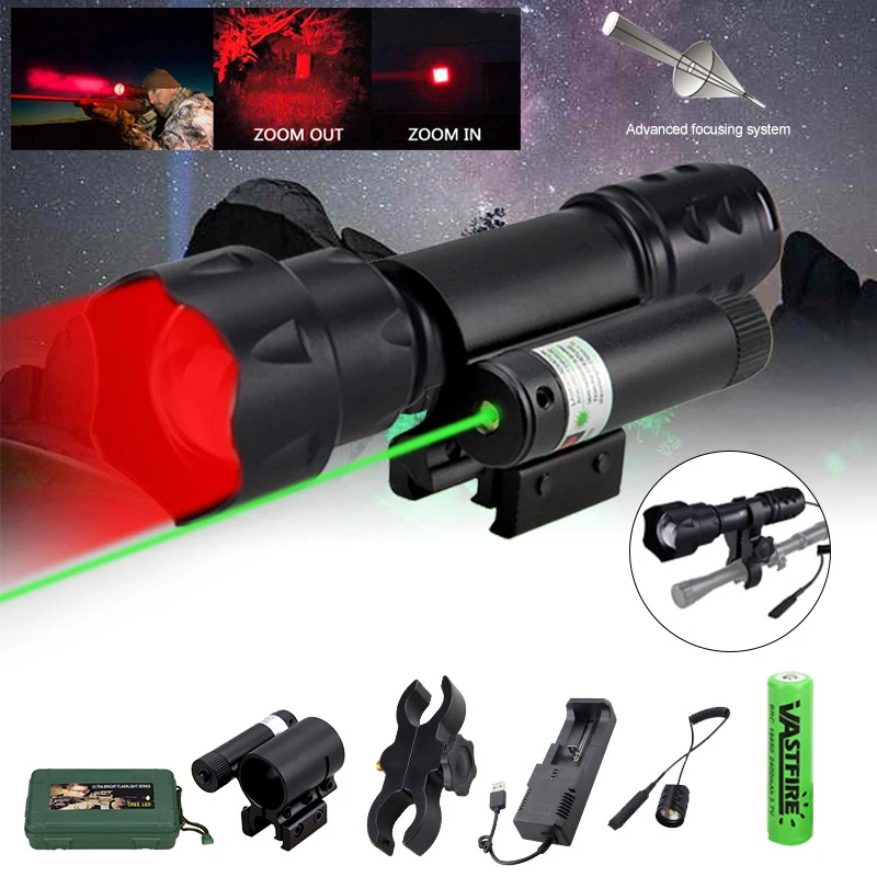 

T20 400 Yards Zoomable RGB Tactical Hunting Flashlight Rifle Weapon Gun Light With Green/Red Laser Dot Sight Rifle Scope Mount