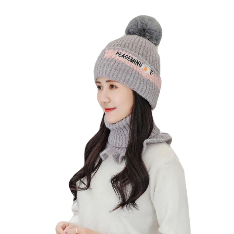 

New Youth Winter Thick Plus Cashmere Warm Hat Scarf Autumn Winter Women's Knit Hat Wool Ball Cover Ear Collar Two Set