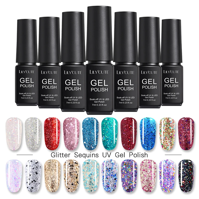 

LILYCUTE 7ml Glitter Sequins Gel Nail Polish Colorful Shiny Long Lasting Soak Off UV Gel Nail Art Gel Varnish 8 Colors