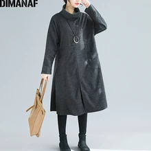 DIMANAF женское платье большого размера, винтажное осенне-зимнее толстое хлопковое женское свободное Повседневное платье с высоким воротом и карманами