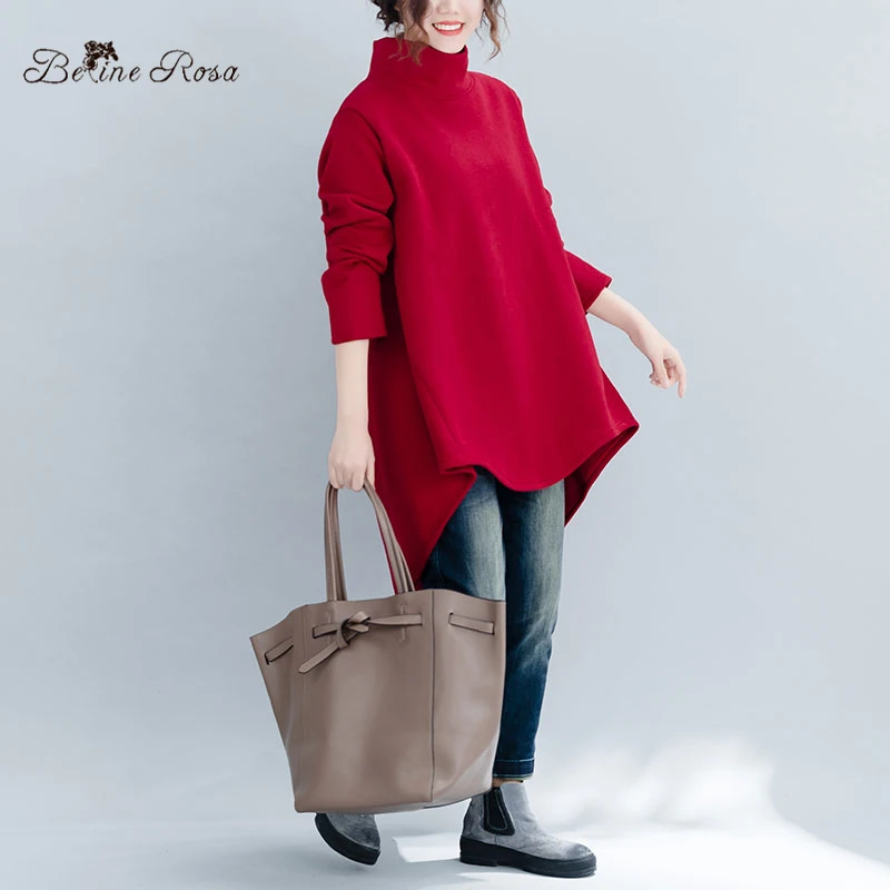 Женская повседневная одежда BelineRosa, Флисовая подкладка с воротником-нерегулярным воротником, длинные женские топы, JJDM0103, осень - Цвет: winered