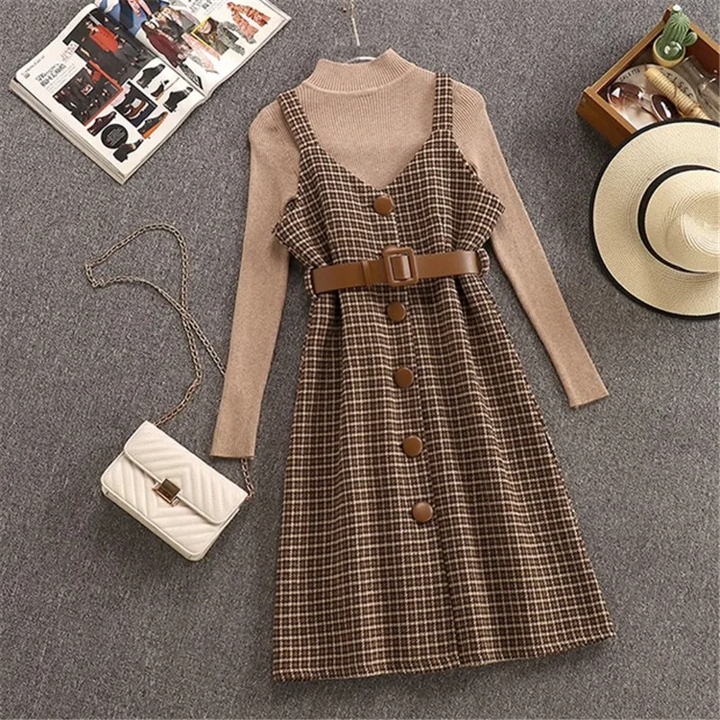 

2020 Autumn Winter Woman Long Sleeves Knitted Sweater + Woolen Blend Plaid Belt slim Dress 2 pcs sets Elegant Female Outfits
