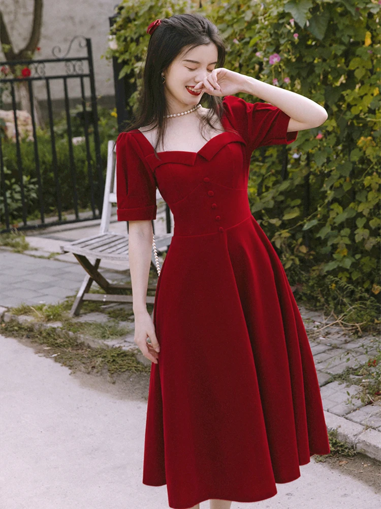 

Autumn Summer Women Red Dress Vintage Elegant Style Long & Short Sleeve Large Size Lady Party Night Dinner Dresses Vestidos
