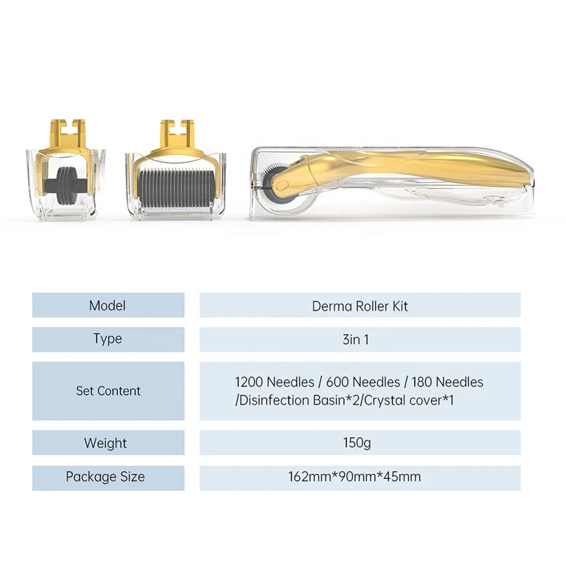 3 In 1 Derma Roller Kit 180/600/1200 Titanium Needle Skin Care Gold Silver Microneedle Roller 3 Replacement Heads DRS derma roller