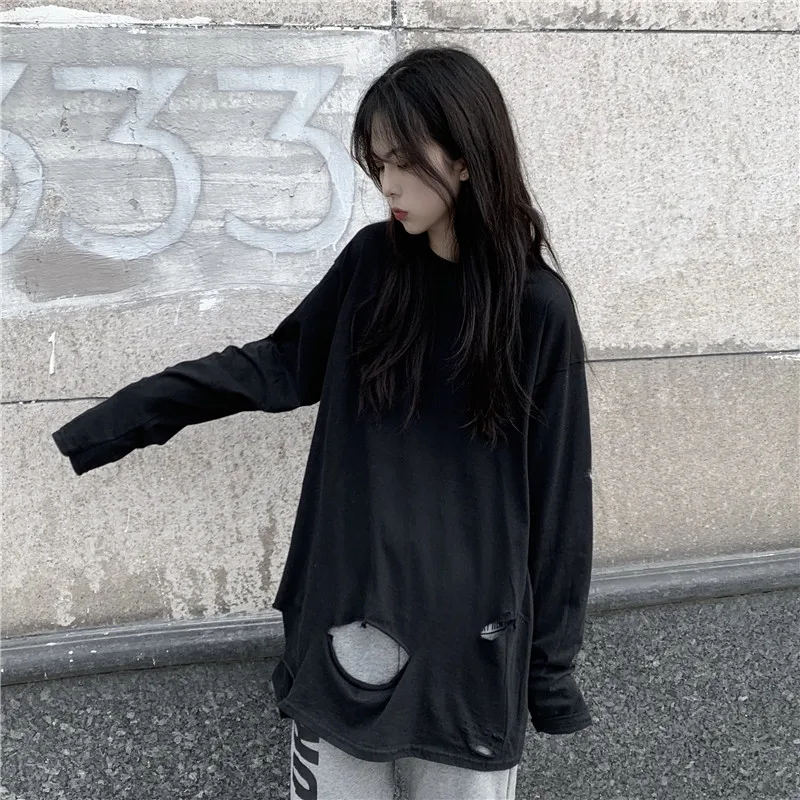

Focal20 Streetwear Solid Color Hole Women T-shirt Long Sleeve Loose Autumn Women T Shirt Crew Neck Lady T-shirts Top Tees