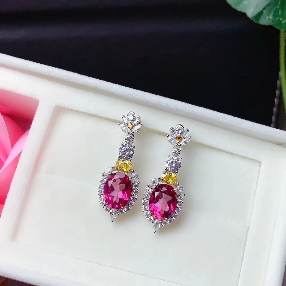 

2020 newest attractive red topaz gemstone stud earrings girl silver jewelry birthday party gift certified natural gem ornament