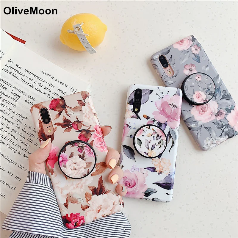 

OliveMoon Flower Grip Holder Phone Case For Huawei P30 Lite P20 P30 Mate 20 Pro P20 Lite P30 Pro Soft Floral Phone Back Cover