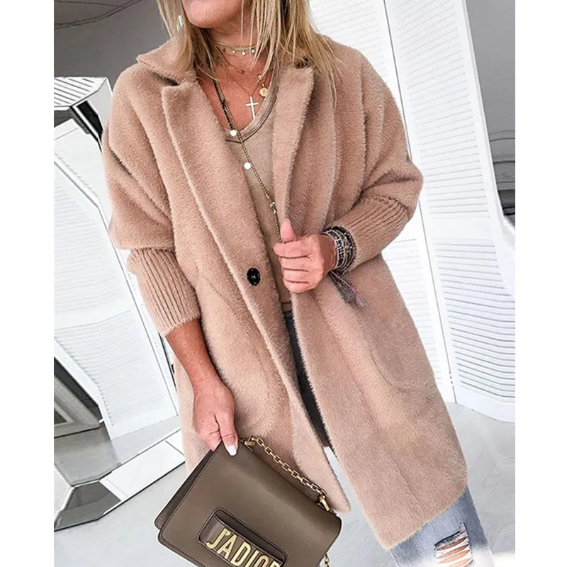 

Women's blend coat Women Winter Warm Khaki Solid Fluffy Open Front Long Coat Soft Outwear Women Warm Jacket
